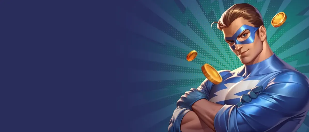 Bruno Casino held met blauw masker en gouden munten