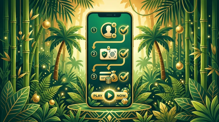 Laptop en smartphone naast elkaar met dezelfde groen-gouden casinopagina in een donkere bamboe-setting - productvergelijking.