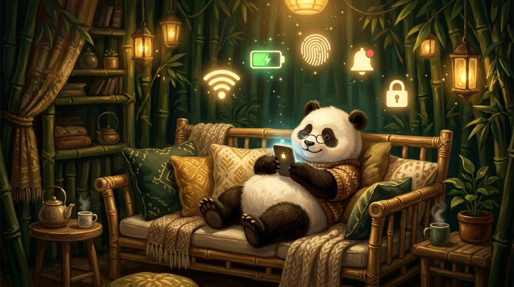 Panda op een bamboebank in een knus huttentje, speelt op een smartphone met groen theekopje - gezellige illustratie.