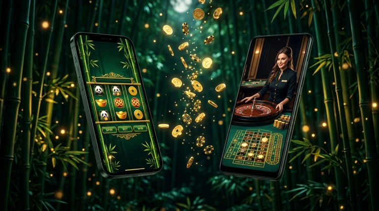 Moderne smartphone in een donkere bamboejungle met groen-gouden casinospel op het scherm en een kleine panda op het toestel - productillustratie.
