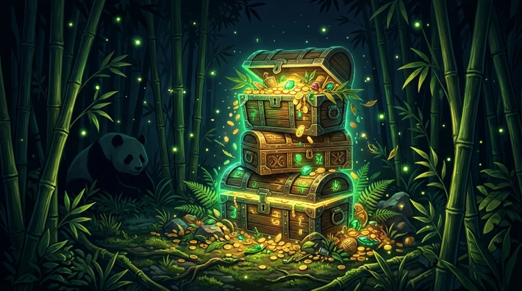 Drie oplichtende schatkisten in een bamboejungle met munten en bladeren - welkomstpakket illustratie.