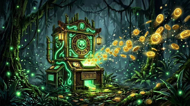 Magische bamboemachine die gloeiende free spins-tokens uitdeelt in een nevelig woud - concept art.