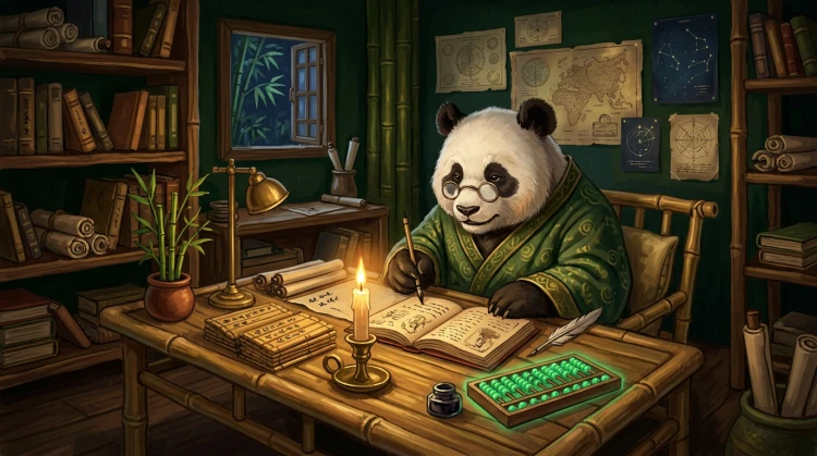 Wijze panda aan een bureau met grafieken, bonusnotities en een groen lichtgevend telraam in een bamboe studeerkamer - illustratie.