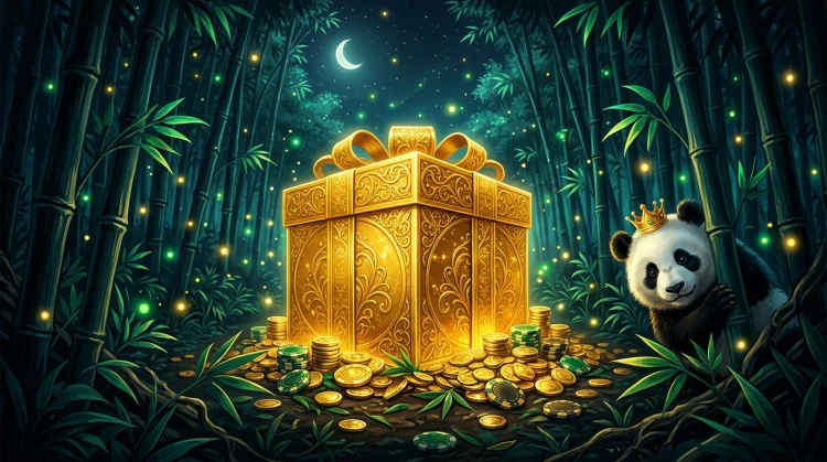 Gouden cadeau in een magische bamboejungle met munten, fiches en lachende panda met kroon - bonus banner.