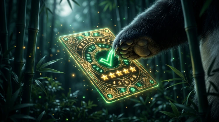 Pandapoot op een gloeiende casinobeoordelingsscorekaart in een donkere bamboejungle met maanlicht - digitale illustratie.
