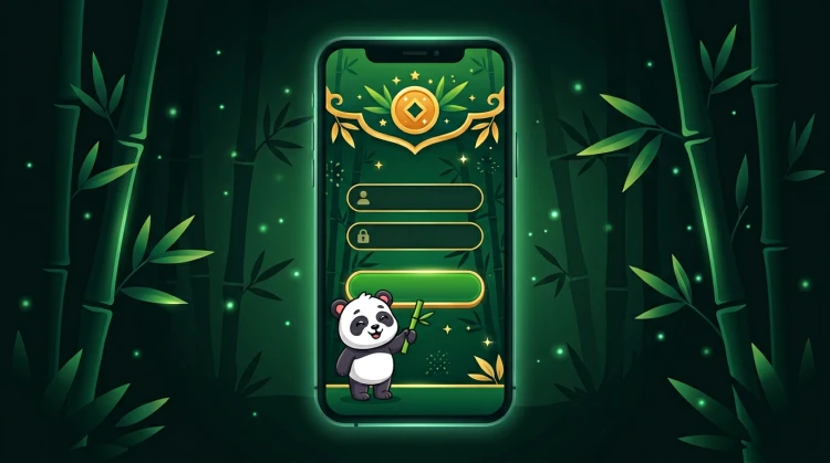 Smartphone met groen-gouden casinoinlogscherm; cartoonpanda wijst met bamboe naar de inlogknop - flat illustration.