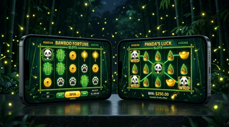 Twee smartphones met donkergroene casinointerface en bamboe-ontwerp, kleine pandamascotte - productillustratie.