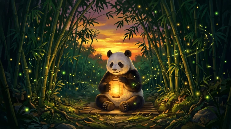 Rustige panda onder bamboe bij zonsondergang met gloeiende lantaarn en vuurvliegjes - symbool voor verantwoord spelen.