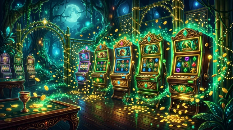 Illustratie van gloeiende gokkasten met neon, munten en sparkles in smaragdgroen en goud op een donkere achtergrond.