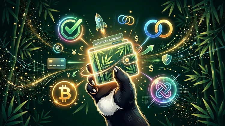 Gloeiende creditcard met bamboe- en panda-ornamenten boven een groen verlichte pinterminal in een donkere jungle - digital art.