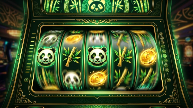 Close-up van een gokkast midden in een draai met panda-, bamboe- en muntsymbolen en groen-gouden licht - digital art.