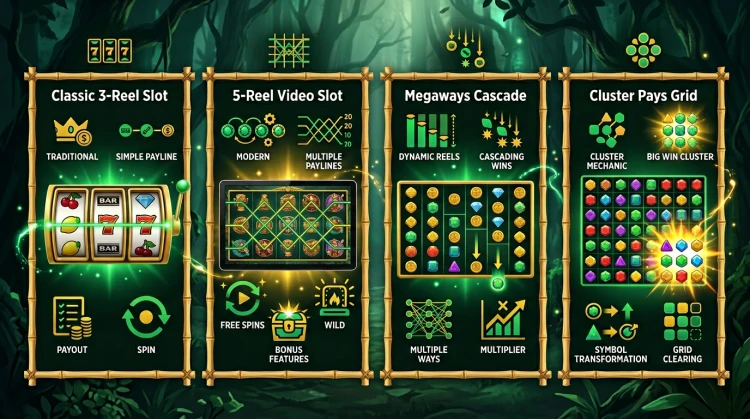 Vier uitlegpanelen voor klassieke, video, Megaways- en cluster-slots in bamboe kaders - infographic illustratie.