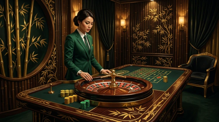 Luxe live roulettetafel in een bamboe-themakamer met croupier en gouden details - digitaal schilderij.