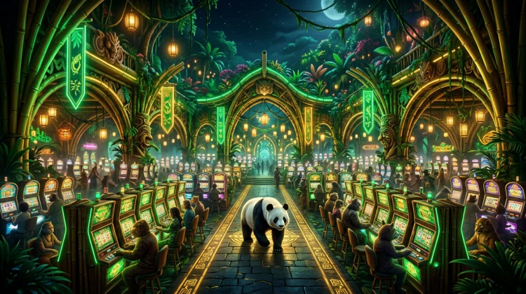 Magische bamboe-casinozaal met honderden gloeiende gokkasten en een panda in het middenpad - wide concept art.